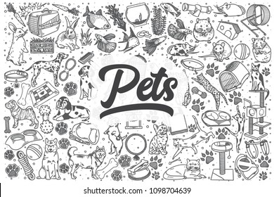 Hand Drawn Pets Doodle Set. Lettering - Pets