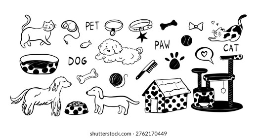 Hand drawn pets doodle set with cats and dogs with accessories and pet care elements. Cartoon playful animal line print. Vector illustration.