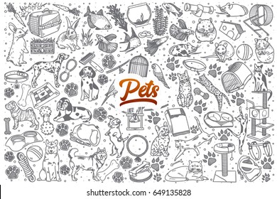 Hand Drawn Pets Doodle Set Background With Red Lettering In Vector