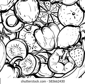 Hand drawn pettern healthy food of different fruits and vegetables background,  Vector Illustration.