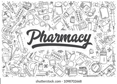 Hand drawn pharmacy doodle set. Lettering - Pharmacy