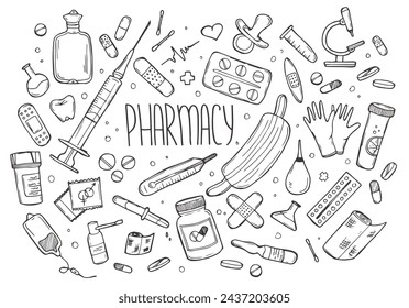 Hand drawn Pharmacy doodle set sketch
