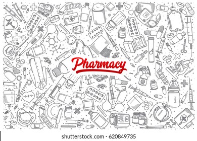Hand drawn Pharmacy doodle set background with red lettering in vector