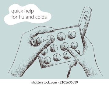 Handgezeichnete Apotheke, Vektorbild. 
Outline Silhouette eine Person hält ein Thermometer und Medikamente in seinen Händen.Cold.Flu.Health.Eps horizontalen Druck für Box, Verpackung, Etikett, Poster.