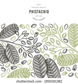 Handgezeichnete phistachio-Filiale und Kernel-Design-Vorlage. Organische Lebensmittelvektorgrafik auf weißem Hintergrund. Retro-Nuss-Illustration. Botanischer Banner im Stilstil.