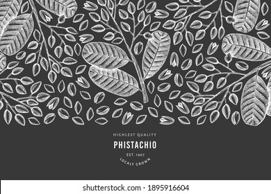 Hand drawn phistachio branch and kernels design template. Organic food vector illustration on chalk board. Retro nut illustration. Engraved style botanical banner.