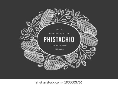 Plantilla de diseño de bifurcación de phistachio dibujada a mano y de núcleos. Ilustración vectorial de alimentos orgánicos en pizarra de tiza. Ilustración de tuerca retro. Banner botánico de estilo grabado.