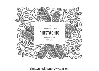 Plantilla de diseño de bifurcación de phistachio dibujada a mano y de núcleos. Ilustración vectorial de alimentos orgánicos sobre fondo blanco. Ilustración de tuerca retro. Banner botánico de estilo grabado.