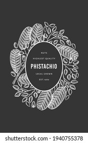 Hand drawn phistachio branch and kernels design template. Organic food vector illustration on chalk board. Retro nut illustration. Engraved style botanical banner.