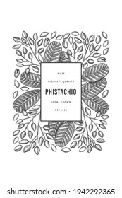 Hand drawn phistachio branch and kernels design template. Organic food vector illustration on white background. Retro nut illustration. Engraved style botanical banner.