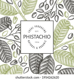 Plantilla de diseño de bifurcación de phistachio dibujada a mano y de núcleos. Ilustración vectorial de alimentos orgánicos sobre fondo blanco. Ilustración de tuerca retro. Banner botánico de estilo grabado.