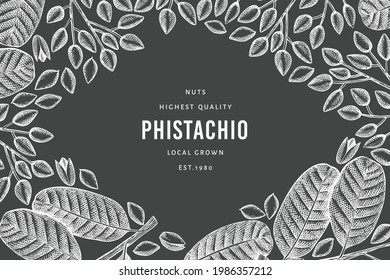 Hand drawn phistachio branch and kernels design template. Organic food vector illustration on chalk board. Retro nut illustration. Engraved style botanical banner.