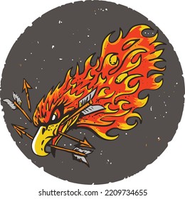 hand drawn phoenix, eagle head with arrows in the beak in flame with dark background