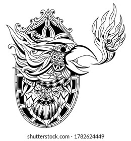 Hand drawn of phoenix head in zentangle style