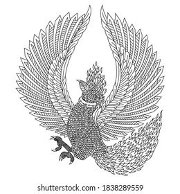 Hand drawn of phoenix in zentangle style