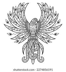 Hand drawn of phoenix in zentangle style