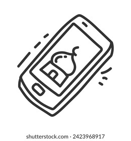 Celda de teléfono dibujada a mano con aplicación islámica en pantalla. Ilustración vectorial.