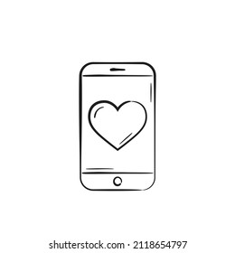 handgezeichnetes Telefon mit Herz. Liebesbotschaft. Mobile-Liebesgespräch. Valentinstag-Design. skizzenhaftes Vektorelement