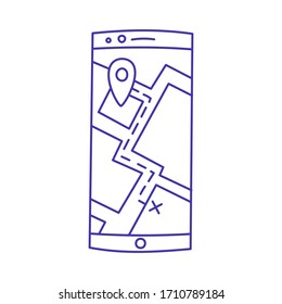 Hand Drawn phone with a route linear vector icon.
Doodle illustration with a blue outline.Isolated on white background