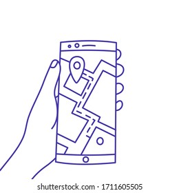 Hand Drawn phone with a tracker in hand linear vector icon.
Doodle illustration with a blue outline. Isolated on white background