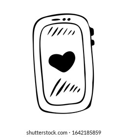 Hand drawn phone vector illustration with heart, like symbol.