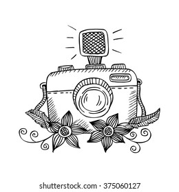 Hand drawn photo camera with flowers