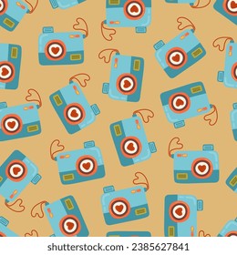 hand drawn photo camera with heart vector seamless pattern. Love camera Cartoon Valentines day Romantic texture background