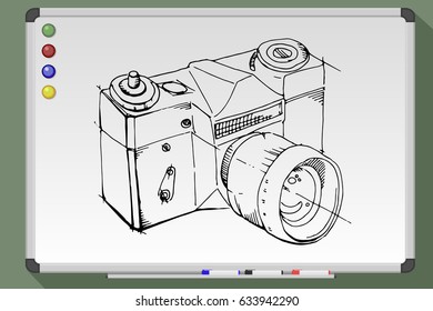 Hand drawn photo camera on whiteboard. vector illustration