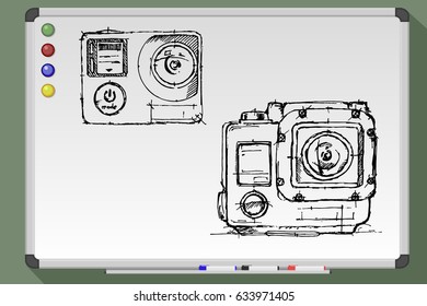 Hand drawn photo camera on whiteboard. vector illustration