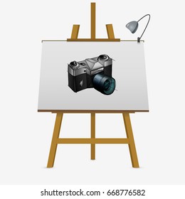 Hand drawn photo camera on easel. vector illustration