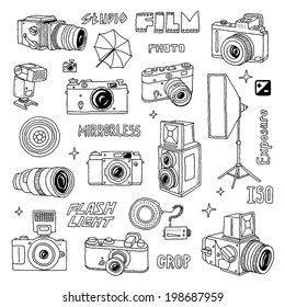 Hand drawn photo cameras set 2. Vector illustration.