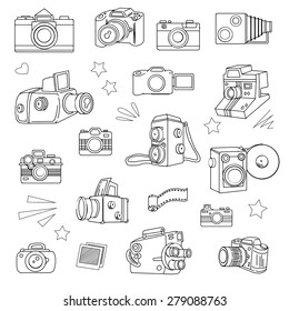 Hand drawn photo cameras set, vector illustration