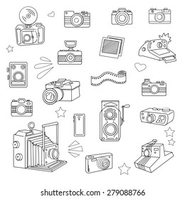 Hand drawn photo cameras set, vector illustration