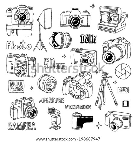 Hand drawn photo cameras set 1. Vector illustration.