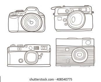 Hand drawn photo cameras. Vector  hand drawn photo camera isolated on white background. Vintage illustration for design, print for t-shirt, poster, card. Smile.