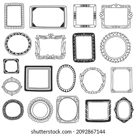 Marcos fotográficos dibujados a mano, garabatos de marcos fotográficos. Bordes decorativos, borde de doodle vintage con ornamentos, conjunto vectorial de elementos scrapbooking. Elementos decorativos antiguos de diferente forma