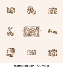 Hand Drawn Photo Sketches Set. Collection Of Apparatus Front, Camera, Video And Other Sketch Elements.