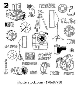 Hand drawn photo studio set. Vector illustration.