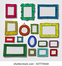 Hand drawn photoframes. Isolated on white background. Freehand drawing. Doodle vector illustration. 