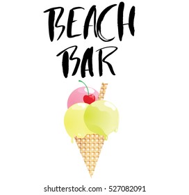 Hand drawn phrase beach bar isolated on the white background. Hand lettering calligraphy greeting card or invitation for summer party template and other seasonal Summer holiday. Vector texture