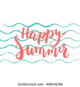 Hand drawn phrase Happy Summer on the colorful background. Hand lettering calligraphy greeting card or invitation for summer party template. Vector texture. 