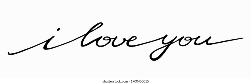 Hand drawn phrase I love you. Lettering in one line. Handwritten ink text for postcard to a loved one, social media template. Stock vector illustration isolated on transparent background.