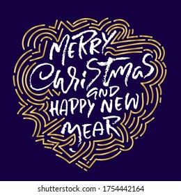 Hand drawn phrase Merry Christmas and Happy New Year. Modern dry brush lettering design. Vector typography vector illustration with golden ornament.