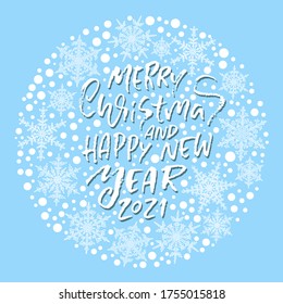 Hand drawn phrase Merry Christmas on blue background. Modern dry brush lettering design with snowflakes. Vector typography illustration.