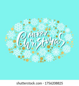 Hand drawn phrase Merry Christmas and Happy New Year. Modern dry brush lettering design. Vector typography vector illustration with snowflakes.