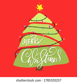 Hand drawn phrase Merry Christmas. Modern dry brush lettering design with Christmas tree. Vector typography illustration.