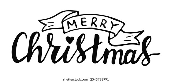 Hand drawn phrase Merry Christmas. Elegant handwritten lettering, enhanced by a decorative banner. The calligraphy artwork captures a festive spirit ideal for holiday celebrations.