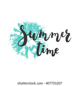 Hand drawn phrase Summer time on the colorful blue circle background. Hand lettering calligraphy greeting card or invitation for summer party template.  Vector texture. 