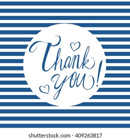Hand drawn phrase thank you isolated on white with doodle hearts and blue stripes. 