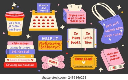 Hand drawn phrases for reading lovers or bookworms. Cartoon colorful elements set for stickers or pins design. Stack of books, cup of coffee, book club ticket, typewriter, open book etc.